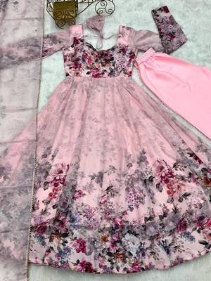 Light pink color flower printed orgenza silk anarkali set full stitched 5