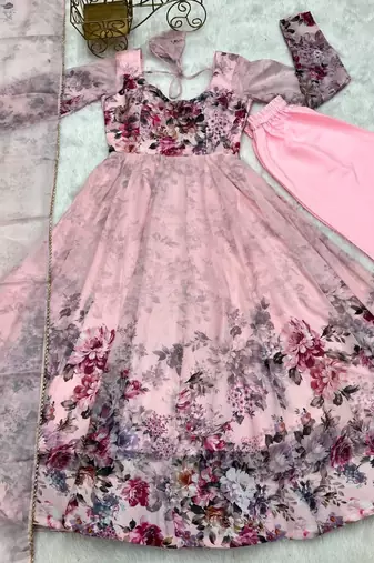 Light pink color flower printed orgenza silk anarkali set full stitched.
