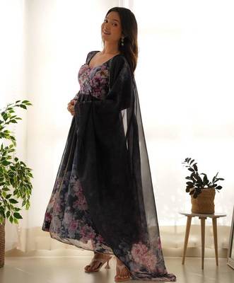 Black color flower printed orgenza silk anarkali set full stitched 3