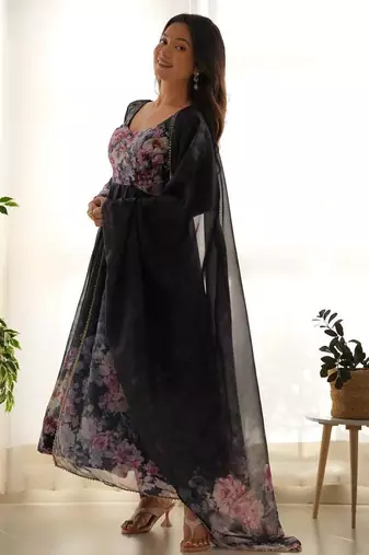 Black color flower printed orgenza silk anarkali set full stitched.