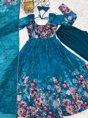 Rama blue color flower printed orgenza silk anarkali set full stitched 5