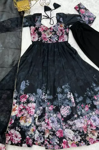Black color flower printed orgenza silk anarkali set full stitched.