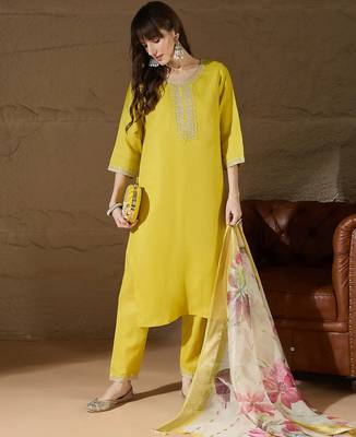 Floral embroidered cotton round neck kurta trosuer & dupatta set 1