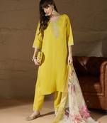 Floral embroidered cotton round neck kurta trosuer & dupatta set