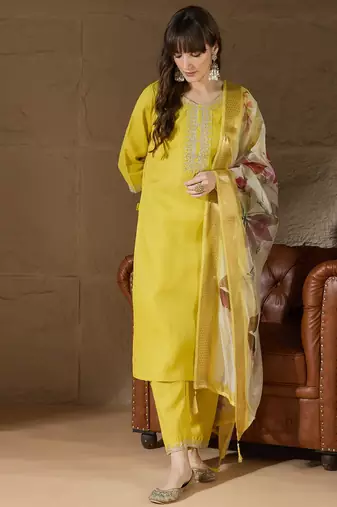 Floral embroidered cotton round neck kurta trosuer & dupatta set