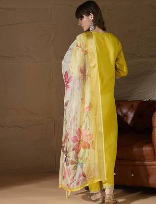 Floral embroidered cotton round neck kurta trosuer & dupatta set 3
