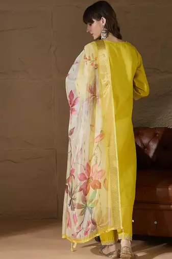 Floral embroidered cotton round neck kurta trosuer & dupatta set