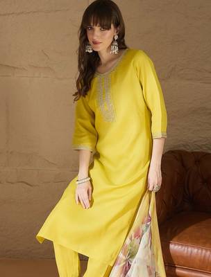 Floral embroidered cotton round neck kurta trosuer & dupatta set 4