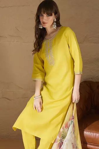 Floral embroidered cotton round neck kurta trosuer & dupatta set