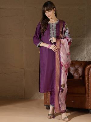 Floral embroidered cotton round neck kurta trosuer & dupatta set 1