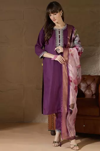 Floral embroidered cotton round neck kurta trosuer & dupatta set