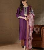 Floral embroidered cotton round neck kurta trosuer & dupatta set