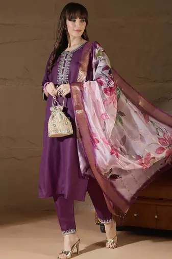 Floral embroidered cotton round neck kurta trosuer & dupatta set