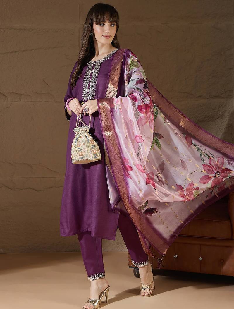 Floral embroidered cotton round neck kurta trosuer & dupatta set