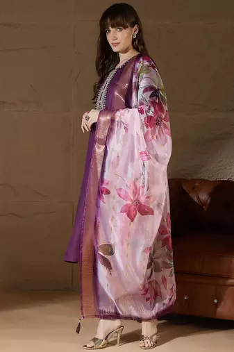 Floral embroidered cotton round neck kurta trosuer & dupatta set
