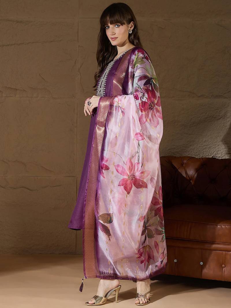 Floral embroidered cotton round neck kurta trosuer & dupatta set