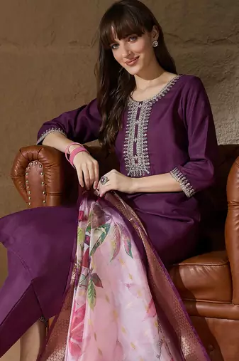Floral embroidered cotton round neck kurta trosuer & dupatta set