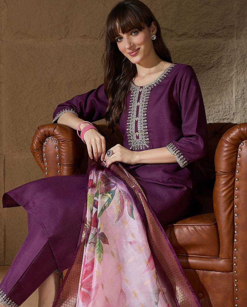 Floral embroidered cotton round neck kurta trosuer & dupatta set