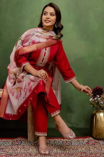 Floral embroidered cotton round neck kurta trosuer & dupatta set