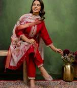 Floral embroidered cotton round neck kurta trosuer & dupatta set