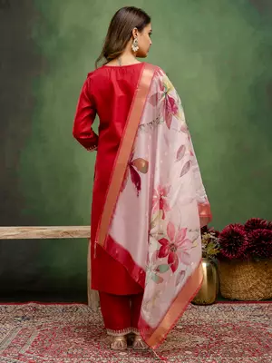 Floral embroidered cotton round neck kurta trosuer & dupatta set 2