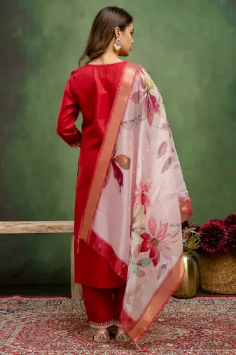 Floral embroidered cotton round neck kurta trosuer & dupatta set