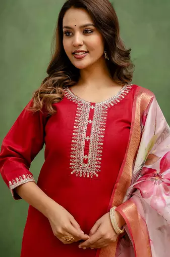 Floral embroidered cotton round neck kurta trosuer & dupatta set