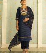Floral embroidered chanderi silk round neck kurta trosuer & dupatta set
