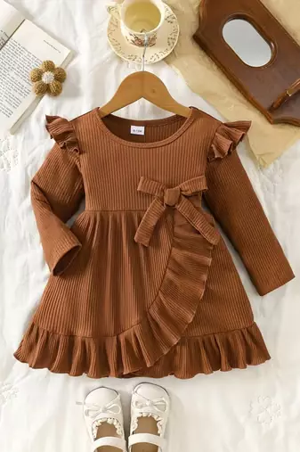 Brown ribbed ruffle bow fit & flare girls dress