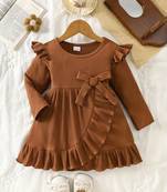 Brown ribbed ruffle bow fit & flare girls dress