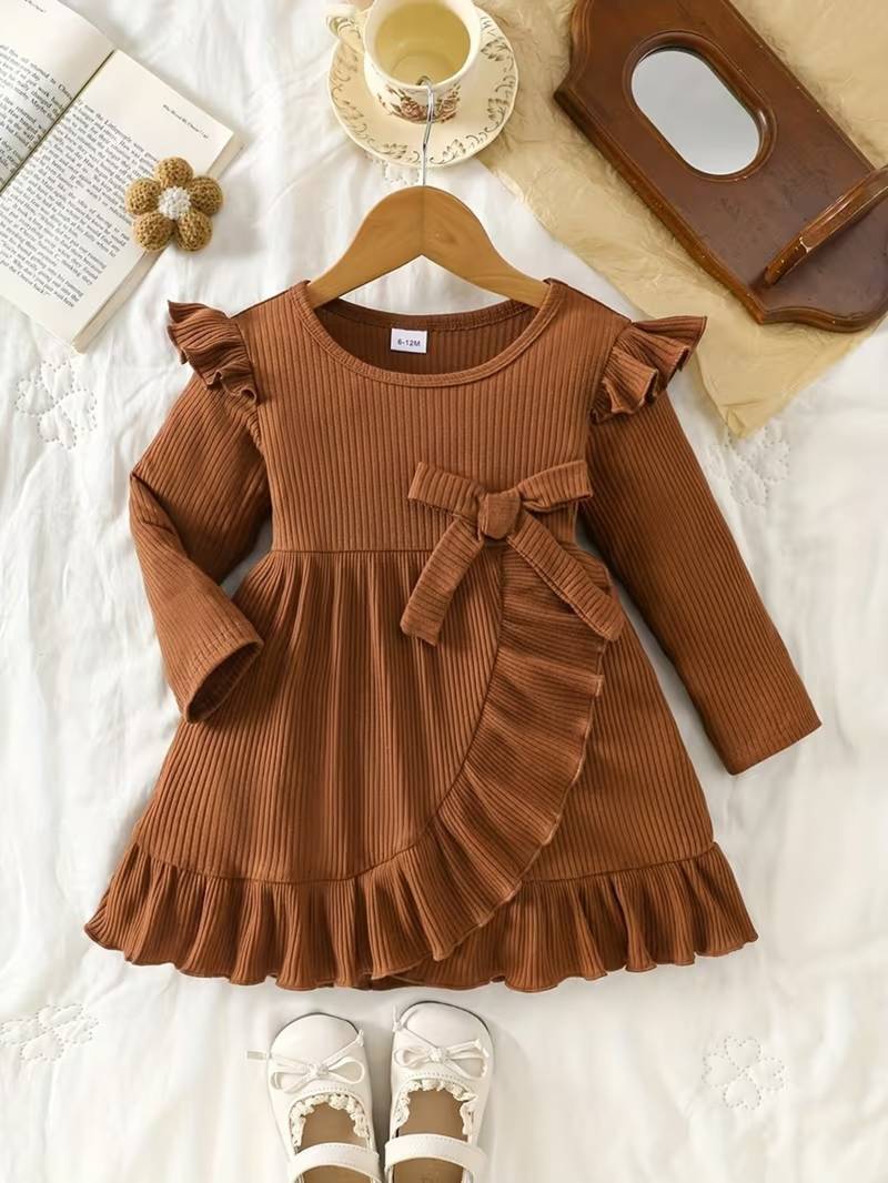 Brown ribbed ruffle bow fit & flare girls dress