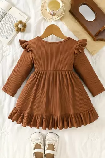 Brown ribbed ruffle bow fit & flare girls dress