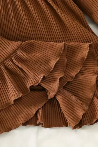 Brown ribbed ruffle bow fit & flare girls dress