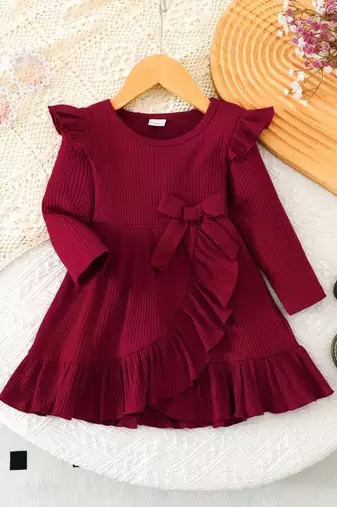 Maroon ribbed ruffle bow fit & flare girls dress