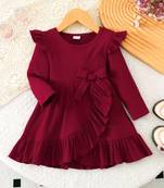 Maroon ribbed ruffle bow fit & flare girls dress