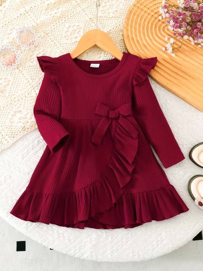 Maroon ribbed ruffle bow fit & flare girls dress