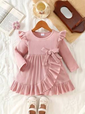 Pink ribbed ruffle bow fit & flare girls dress 1