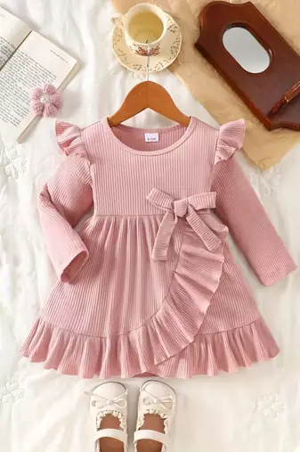 Pink ribbed ruffle bow fit & flare girls dress