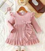Pink ribbed ruffle bow fit & flare girls dress