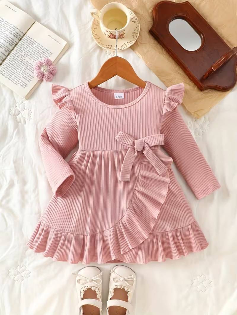 Pink ribbed ruffle bow fit & flare girls dress