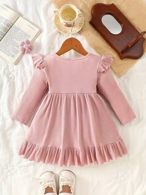 Pink ribbed ruffle bow fit & flare girls dress 2