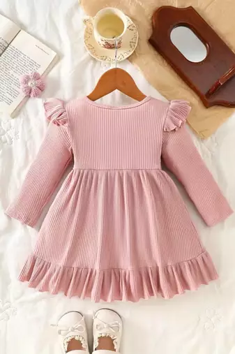 Pink ribbed ruffle bow fit & flare girls dress