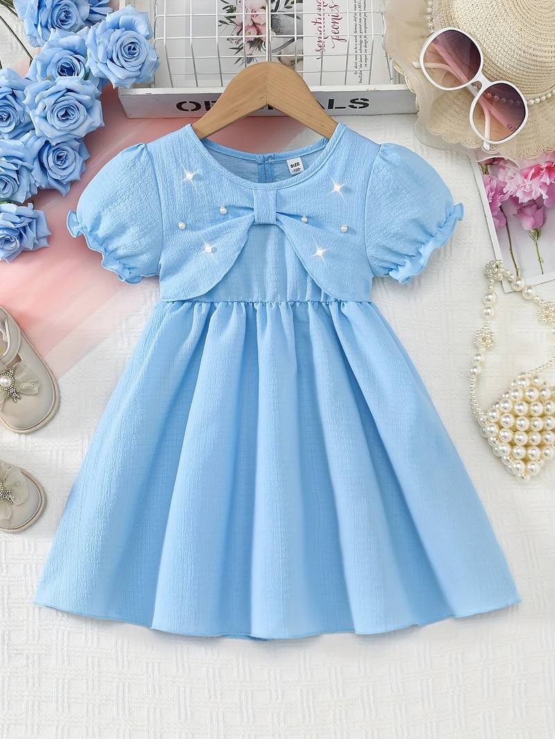 Sky blue pearl bow fit & flare girls dress