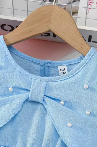 Sky blue pearl bow fit & flare girls dress