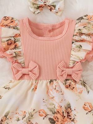 Pink floral ribbed bow fit & flare girls dress 1