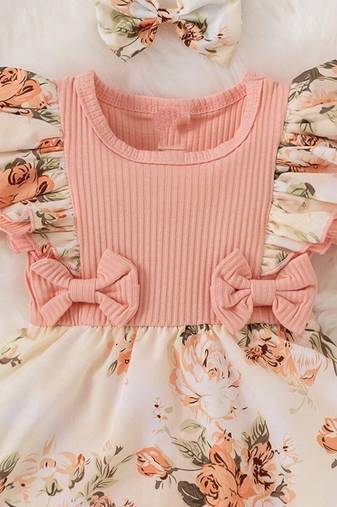 Pink floral ribbed bow fit & flare girls dress