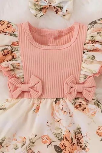 Pink floral ribbed bow fit & flare girls dress