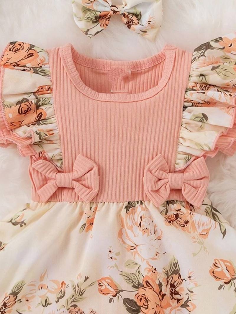 Pink floral ribbed bow fit & flare girls dress