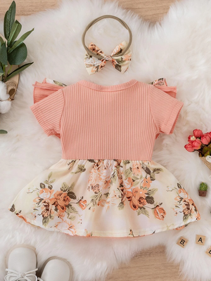 Pink floral ribbed bow fit & flare girls dress 2