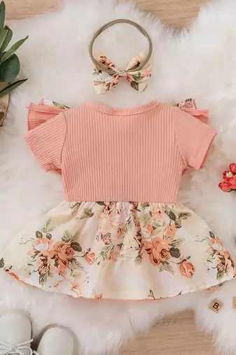Pink floral ribbed bow fit & flare girls dress